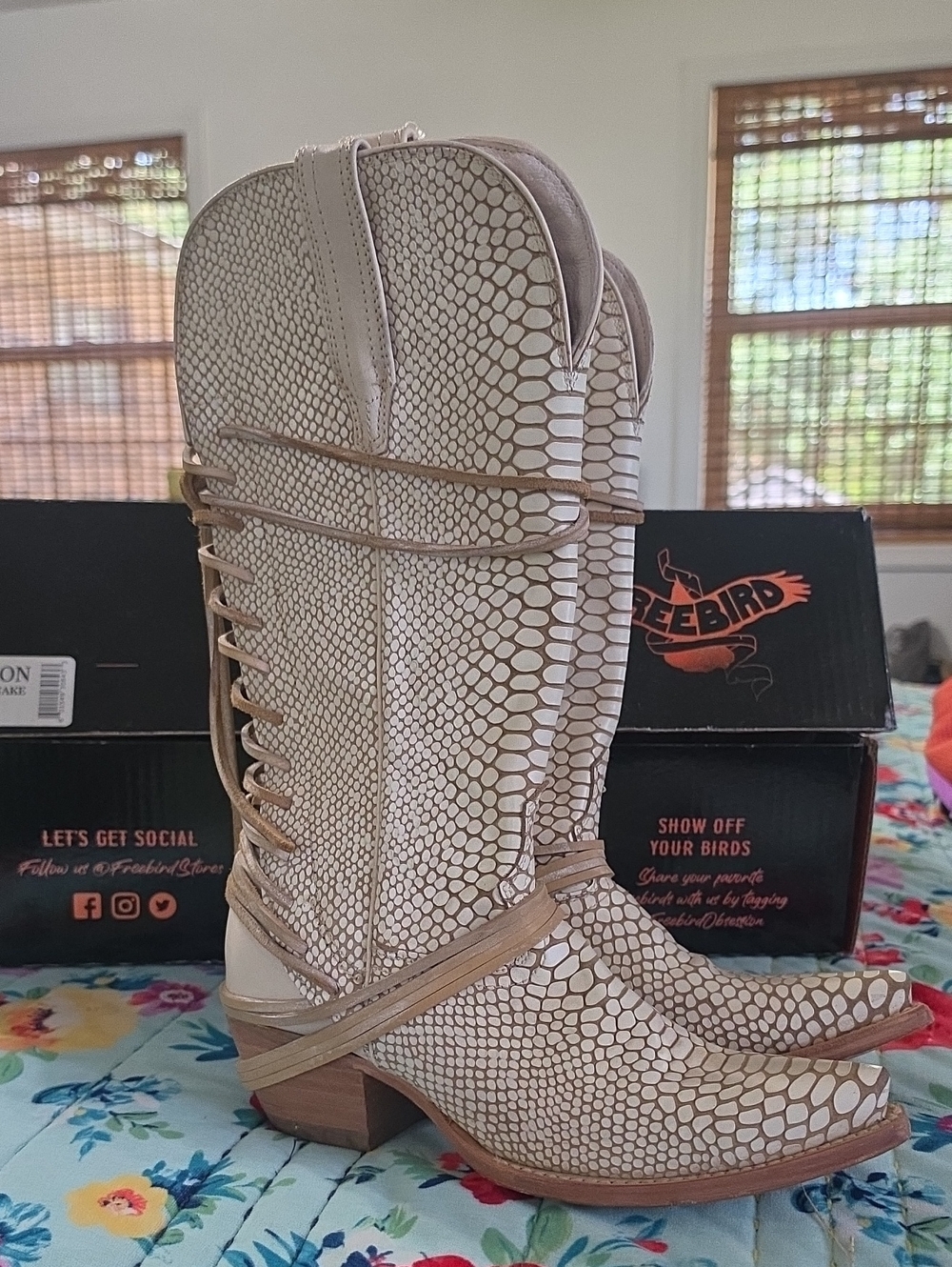 freebird Beige Snake-Print Lace-Up Western Boots